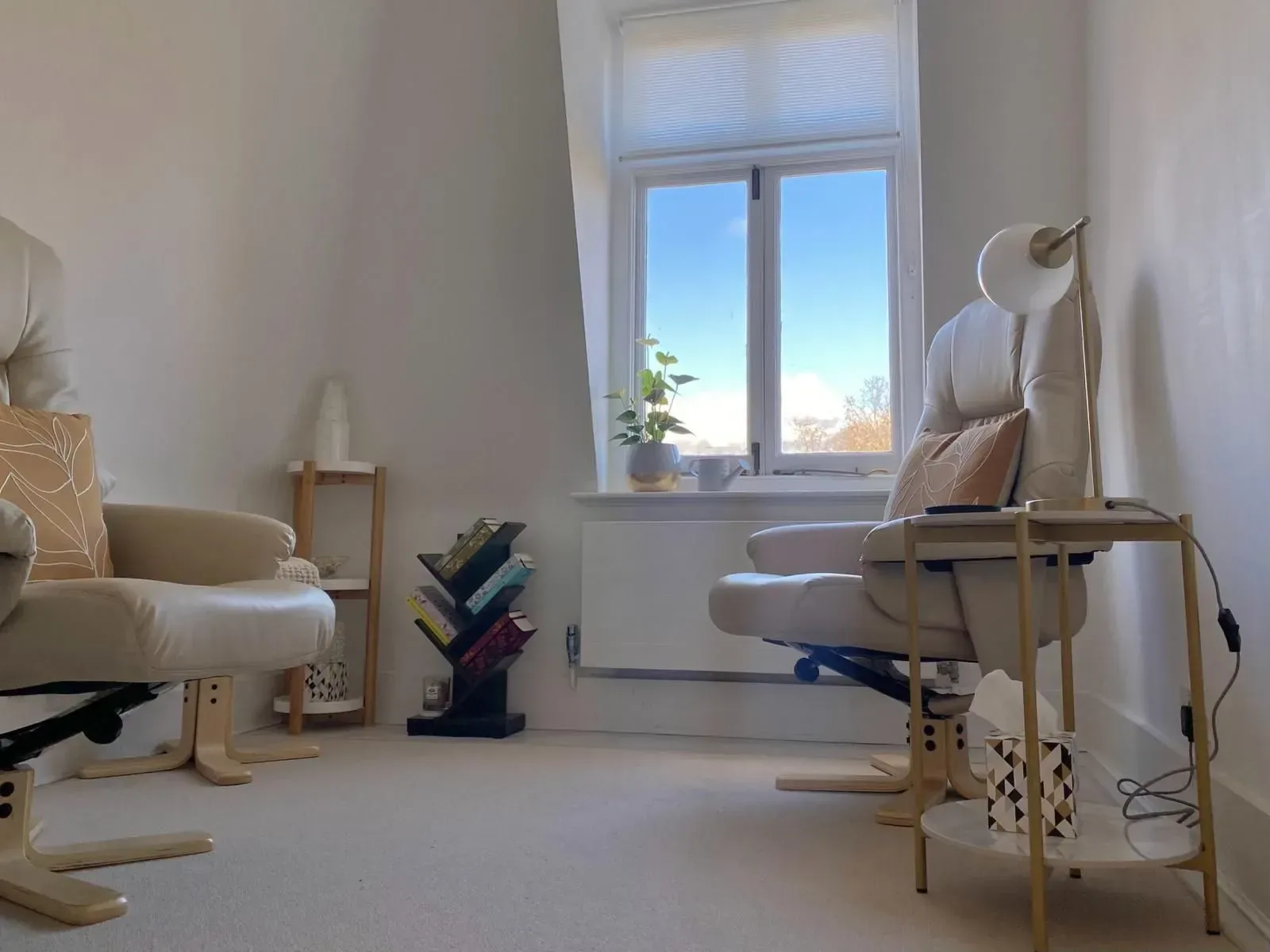 The consulting room: two cream armchairs, a small bookshelf and a bright window